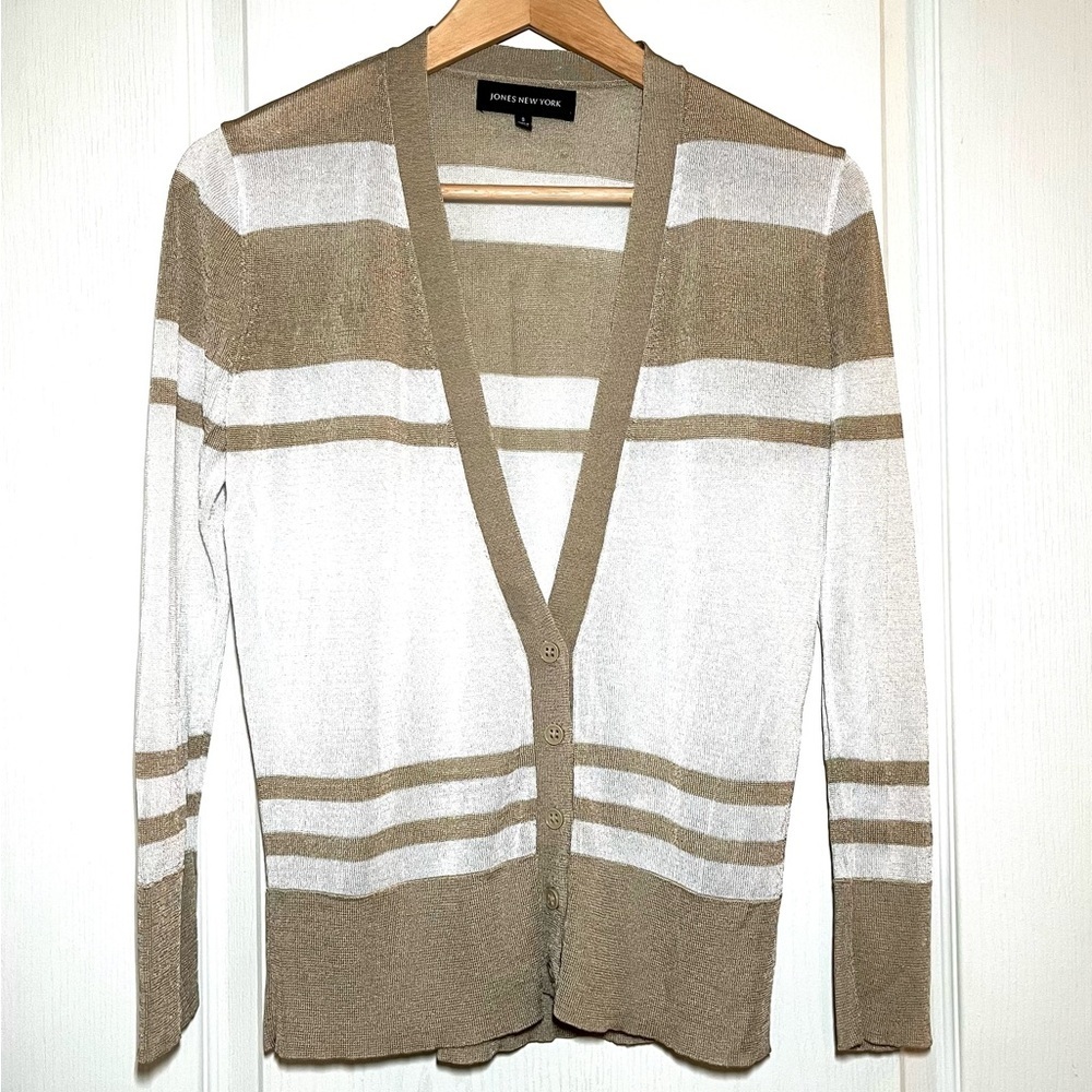 Jones New York White & Tan Striped V-Neck Cardigan Sweater Size S Preppy Office